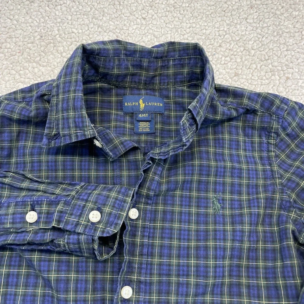 Ralph Lauren Button Down Boys 4/4T Blue Green Plaid Pony Logo Long Sleeve Shirt